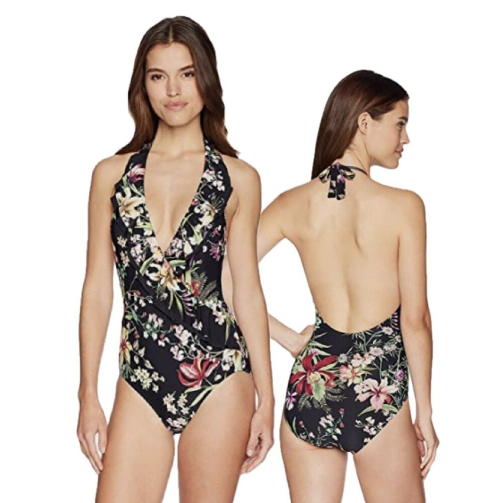 Carmen Marc Valvo Ruffle Halter Floral One Piece Swimsuit Black Size 6